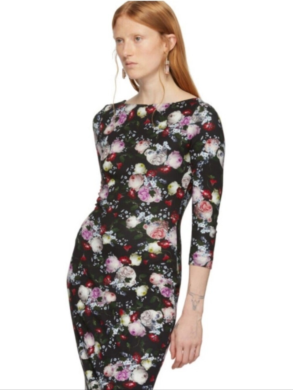 ERDEM Sheath Dress, Size 8, Black, Scoop Neck, Peonies Pattern, Stretch